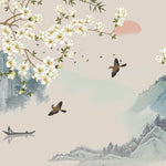 Tapet Zen Oriental cu peisaj asiatic montan cu magnolie alba inflorita si pasari - MAGNOLIA MOUNTAIN SERENITY