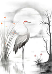 Tapet Zen Oriental cu cocor aflat pe lac - CRIMSON CROWN