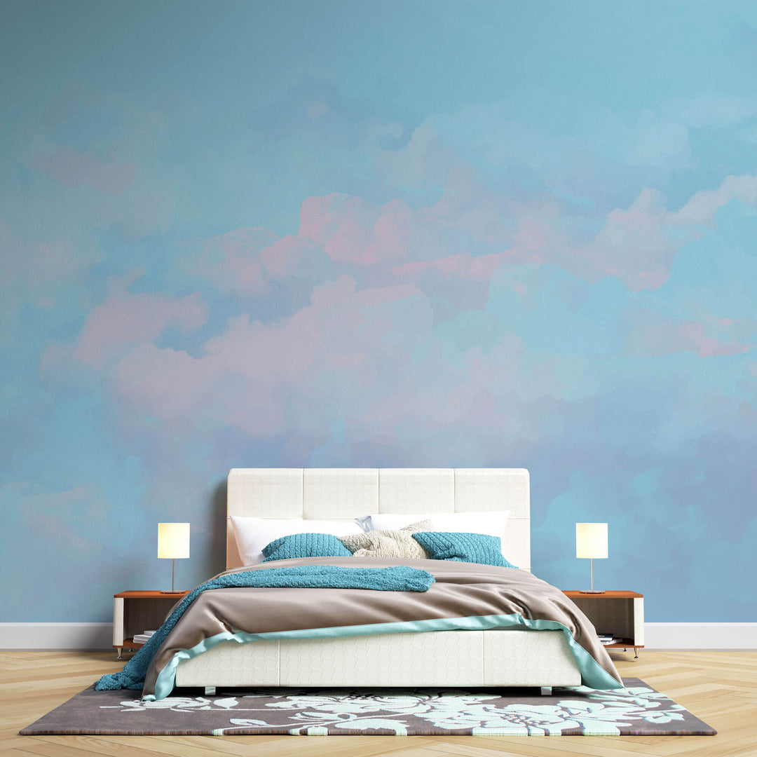 Tapet Zen Oriental cu nori rozalii pe cer albastru - PASTEL DREAMSCAPE