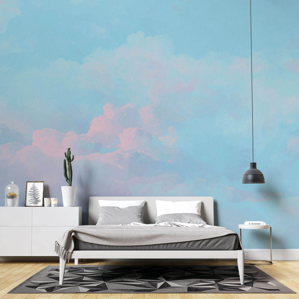 Tapet Zen Oriental cu nori rozalii pe cer albastru - PASTEL DREAMSCAPE