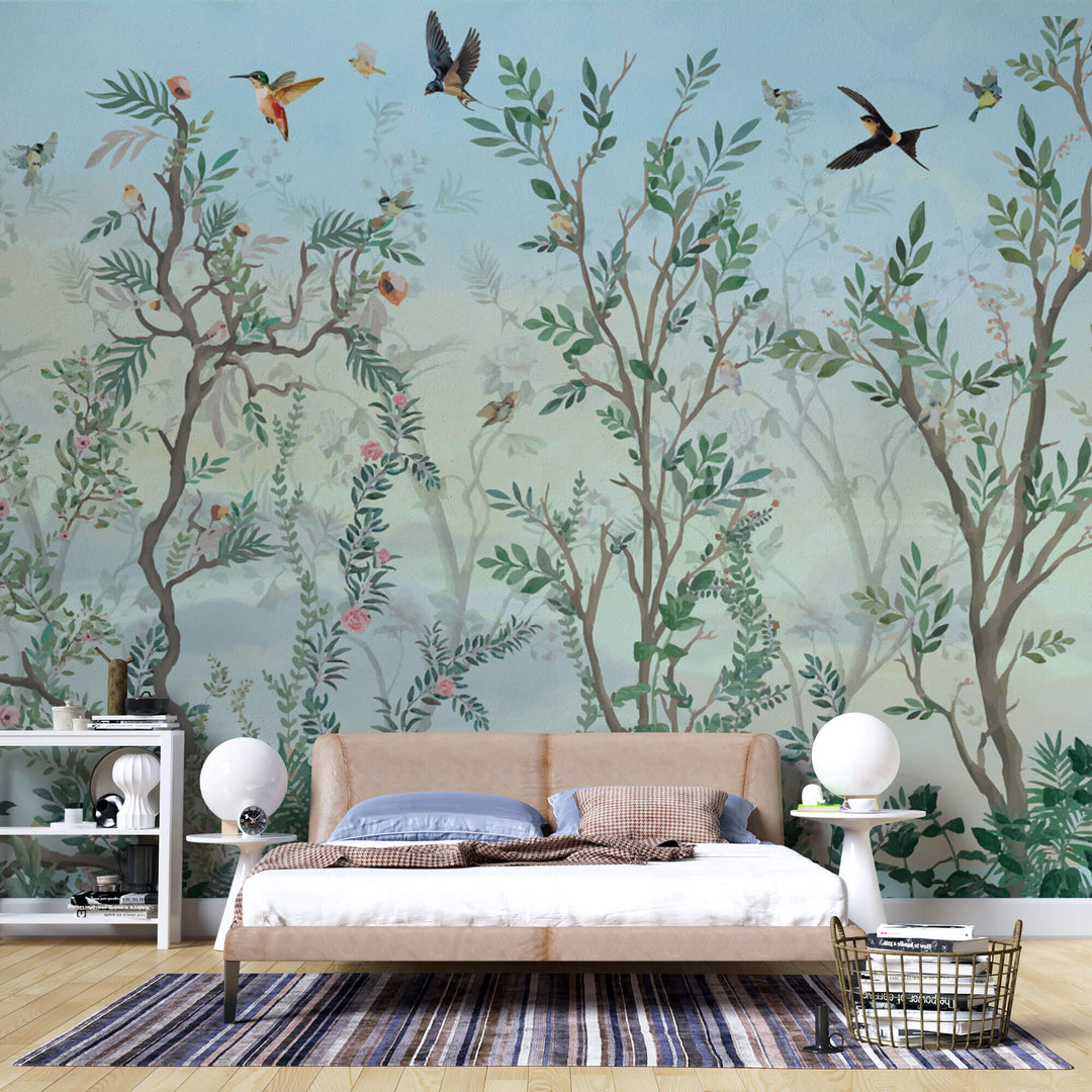 Tapet Zen Oriental cu gradina in stil chinoiserie si pasari - THE JOY OF SPRING