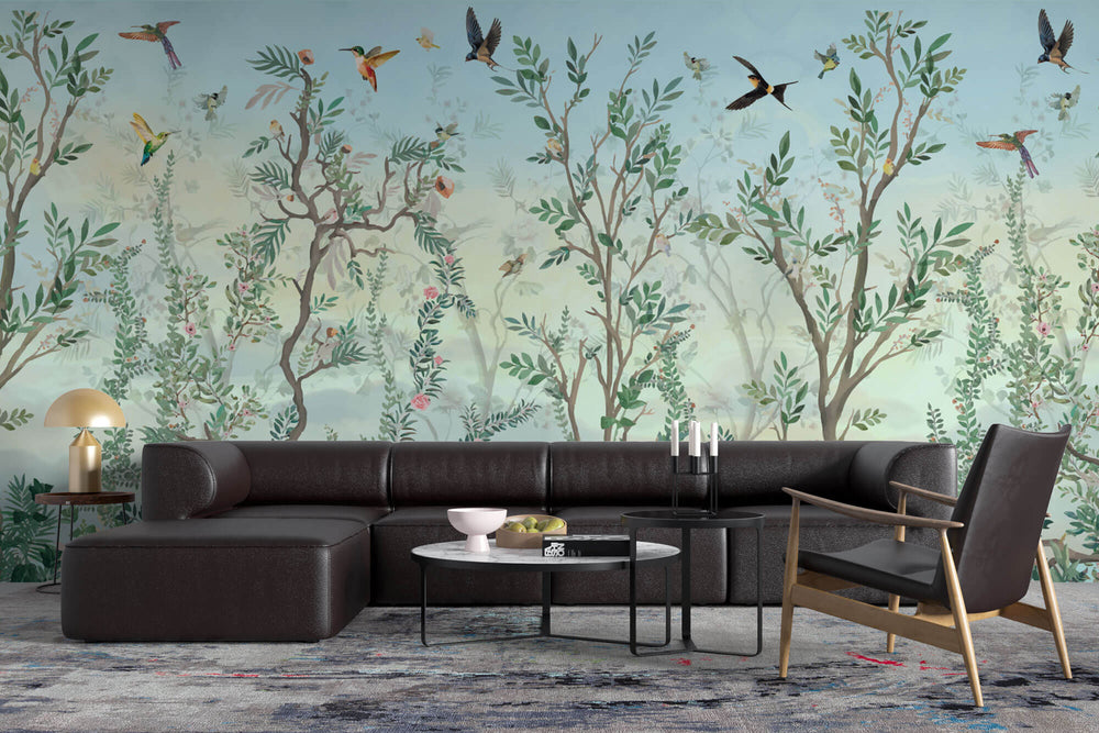 Tapet Zen Oriental cu gradina in stil chinoiserie si pasari - THE JOY OF SPRING