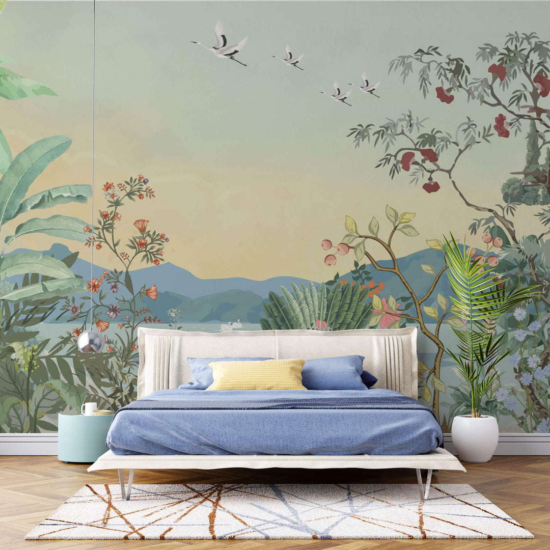 Tapet Zen Oriental cu peisaj montan si vegetatie inflorita - ZEN SUNSET VIEW