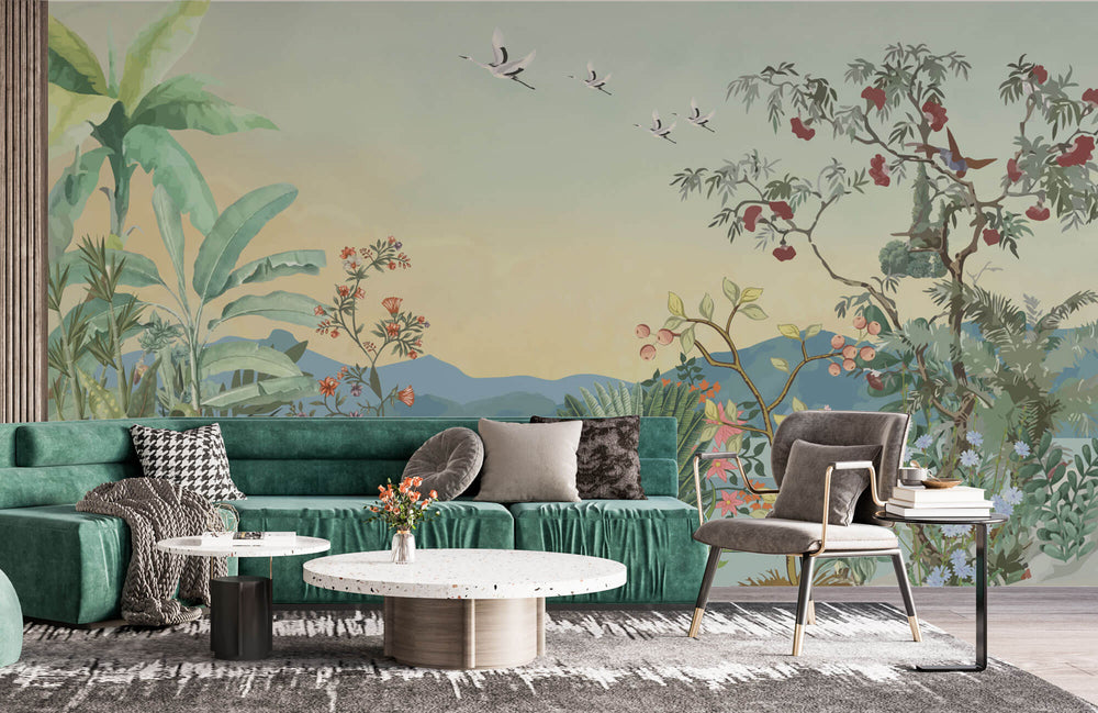 Tapet Zen Oriental cu peisaj montan si vegetatie inflorita - ZEN SUNSET VIEW