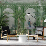 Tapet Zen Oriental cu spalier verde oriental vegetatie si pauni - THE ROYAL TRELLIS