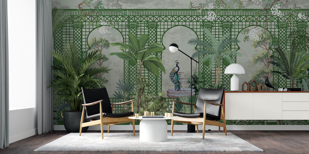 Tapet Zen Oriental cu spalier verde oriental vegetatie si pauni - THE ROYAL TRELLIS