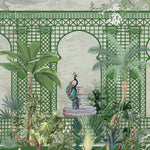 Tapet Zen Oriental cu spalier verde oriental vegetatie si pauni - THE ROYAL TRELLIS