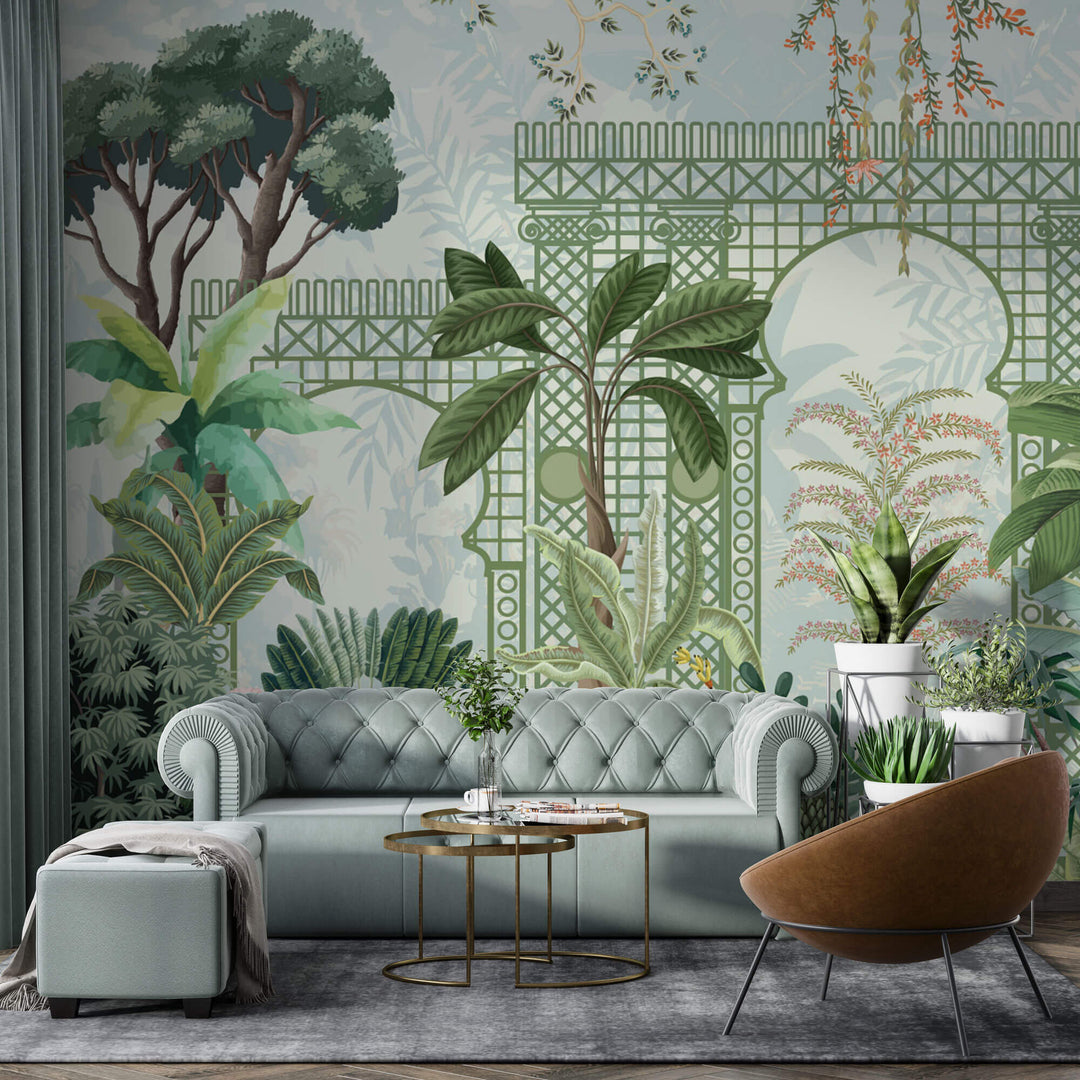 Tapet Zen Oriental cu spalier verde oriental si vegetatie densa exotica - VERDANT OASIS