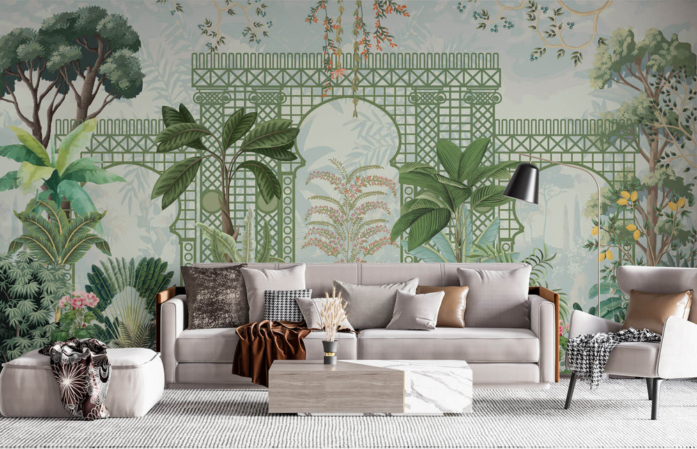 Tapet Zen Oriental cu spalier verde oriental si vegetatie densa exotica - VERDANT OASIS