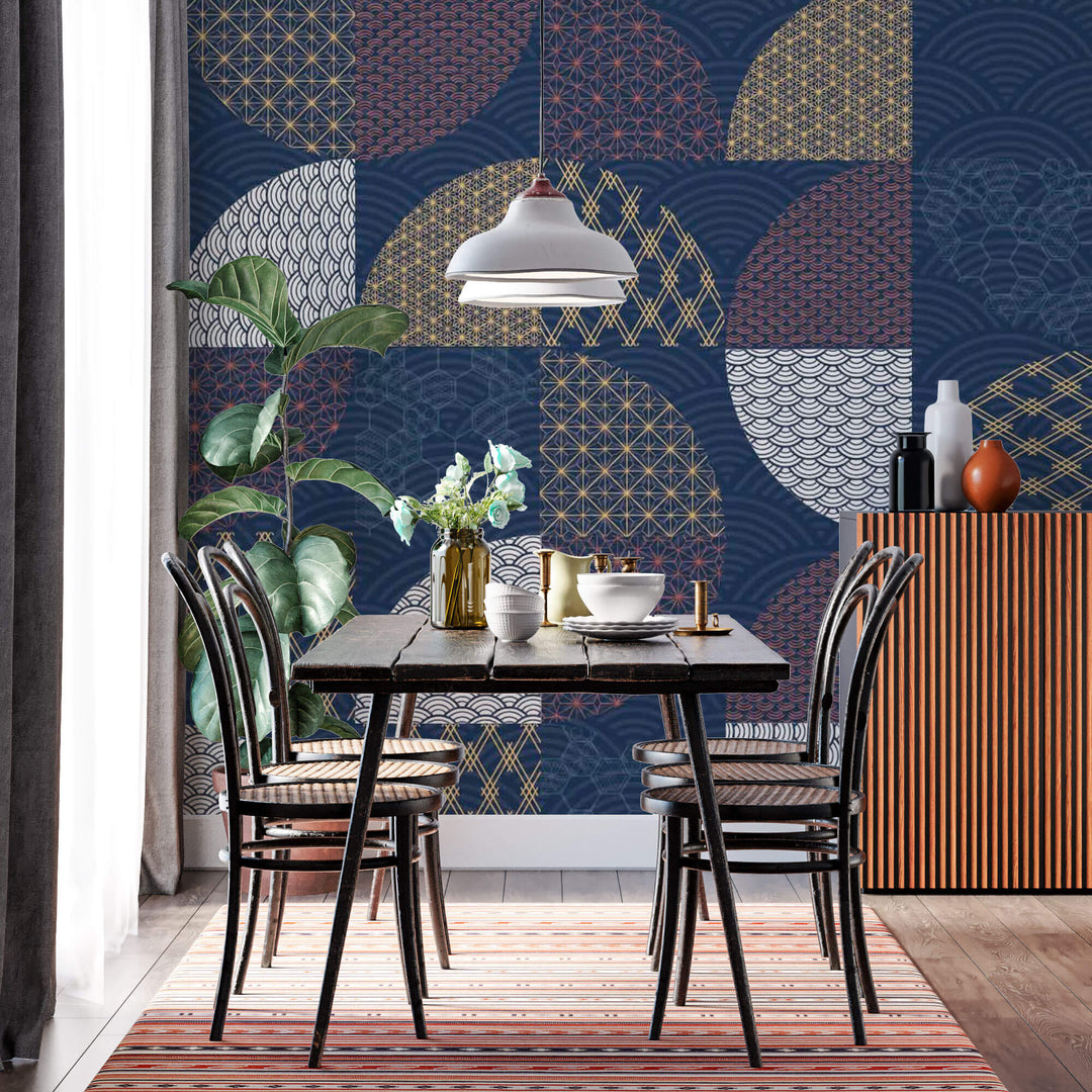 Tapet Japandi cu mix de motive japoneze seigaiha mixte in nuante - MIXED JAPANESE FABRIC