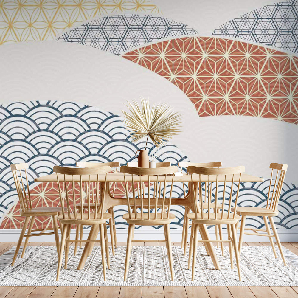 Tapet Japandi cu mix de motive japoneze seigaiha mixte in nuante - MIXED JAPANESE FABRIC