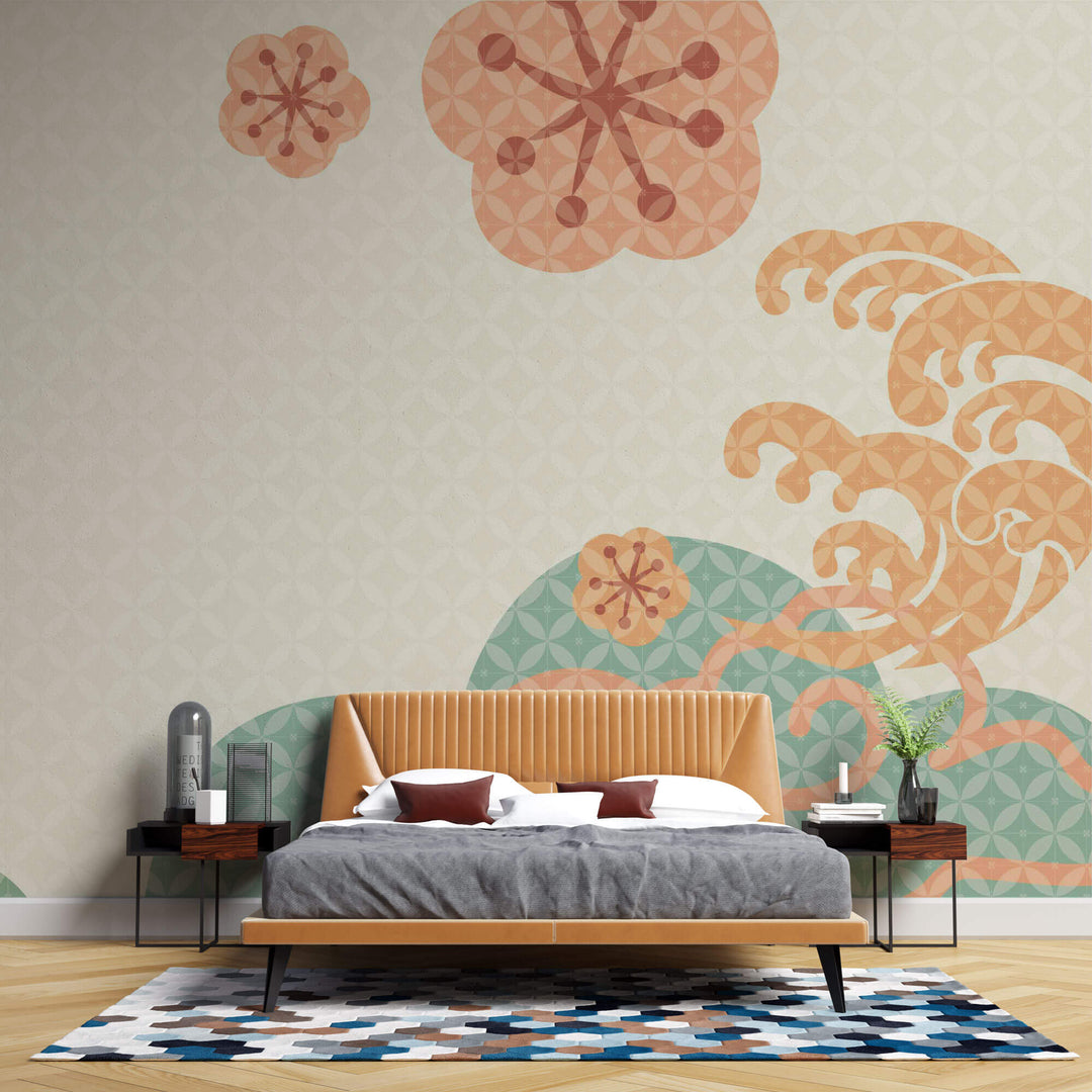Tapet Japandi cu motive japoneze si flori in nuante de verde si portocaliu - WAGASHI