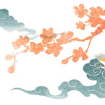 Tapet Japandi cu elemente japoneze ciresi infloriti nori si egrete - PEACHY SAKURA
