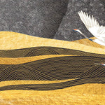 Tapet Japandi cu peisaj abstract cu egrete in zbor in nuante de negru si auriu si motive seigaiha - GOLDEN CHARCOAL CRANES