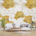 Tapet Japandi cu bujori albi si aurii infloriti si motive japoneze - IMPERIAL GOLD PEONY