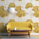 Tapet Japandi cu bujori albi si aurii infloriti si motive japoneze - IMPERIAL GOLD PEONY