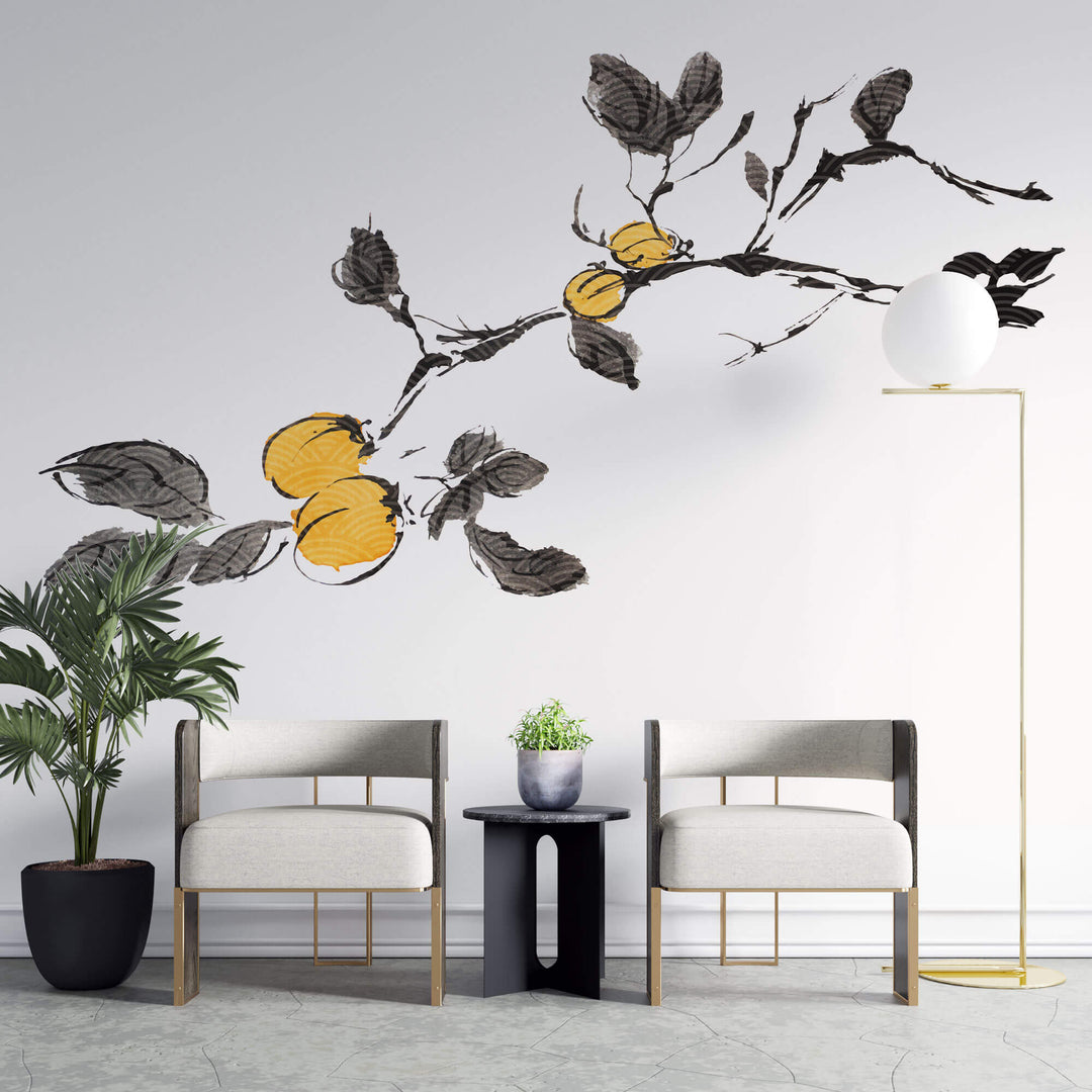 Tapet Japandi cu creanga de cais intr-o textura cu motive seigaiha japoneze - UME BRANCH