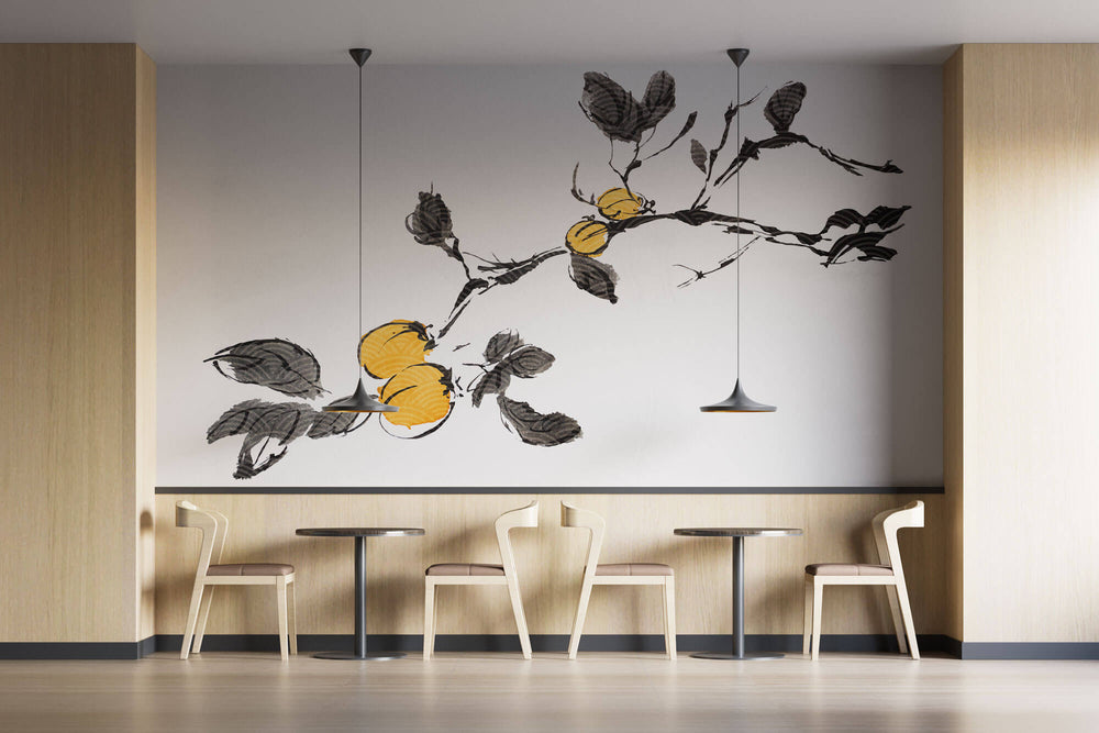 Tapet Japandi cu creanga de cais intr-o textura cu motive seigaiha japoneze - UME BRANCH