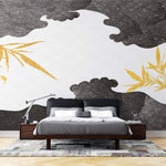 Tapet Japandi cu ilustratie abstracta in stil japonez cu motive seigaiha in nuante alb negru si bambusi aurii - BLACK CLOUD BAMBOO