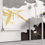 Tapet Japandi cu ilustratie abstracta in stil japonez cu motive seigaiha in nuante alb negru si bambusi aurii - BLACK CLOUD BAMBOO