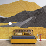 Tapet Japandi cu munti abstracti texturati cu motive japoneze in nuante aurii si negre - ZENITH OF GOLD
