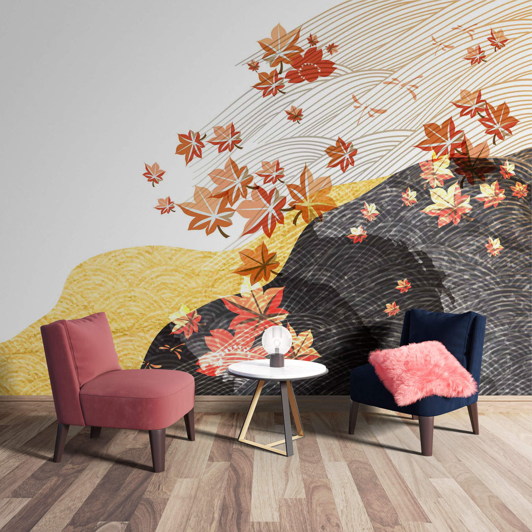 Tapet Japandi cu peisaj abstract japonez cu frunze de artar japonez - MAPLE JAPANESE WIND