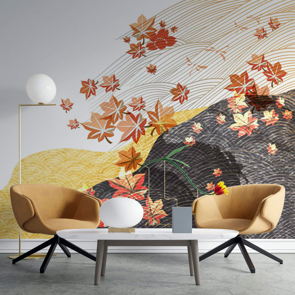 Tapet Japandi cu peisaj abstract japonez cu frunze de artar japonez - MAPLE JAPANESE WIND