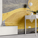 Tapet Japandi cu model abstract japonez in nuante aurii si negre si egrete in zbor - WINDY GOLDEN  SKY
