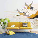 Tapet Japandi cu peisaj abstract cu munti si egrete aurii - JAPANDI FLIGHT