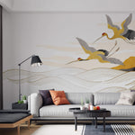 Tapet Japandi cu peisaj abstract cu munti si egrete aurii - JAPANDI FLIGHT