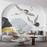 Tapet Japandi cu peisaj abstract cu tsunami japonezi si egrete in zbor - TSUNAMI CRANES