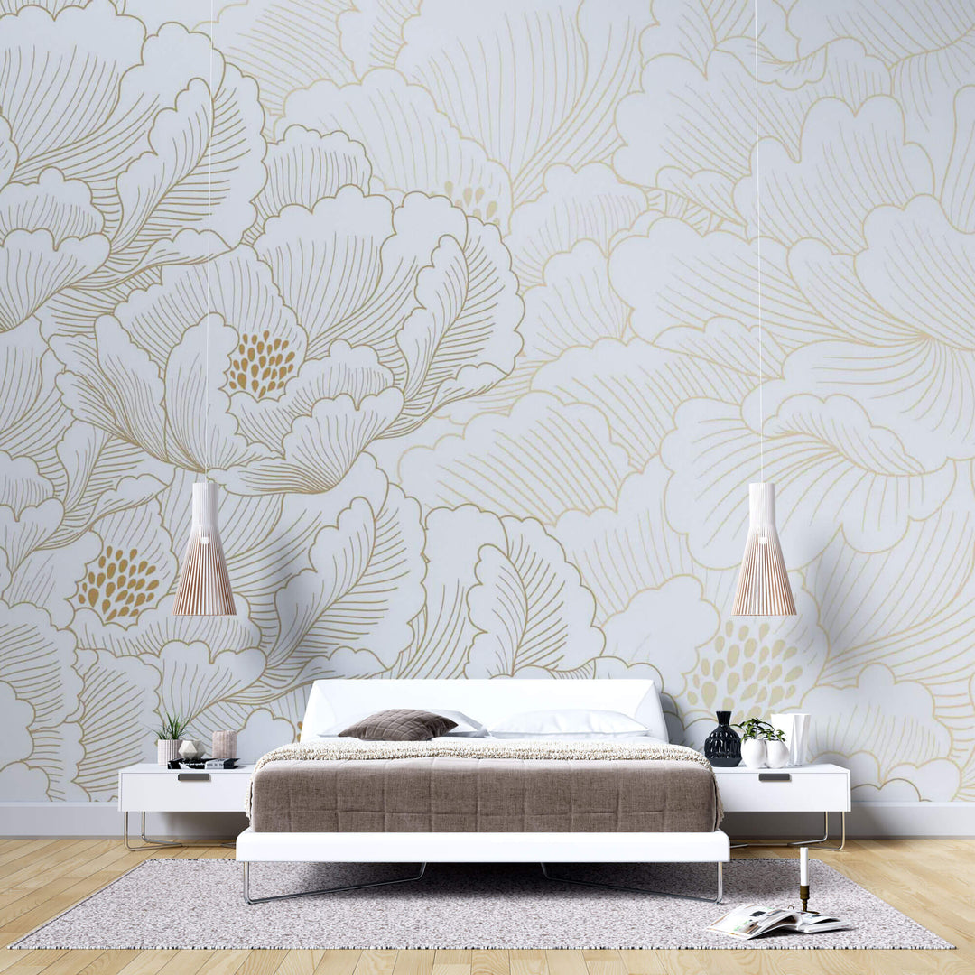 Tapet Japandi cu magnolii japoneze albe inflorite - GOLD PEONY DREAM