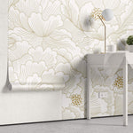 Tapet Japandi cu magnolii japoneze albe inflorite - GOLD PEONY DREAM