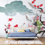 Tapet Japandi cu ciresi japonezi infloriti nori si egrete in zbor - TUSURU SAKURA BLOSSOM