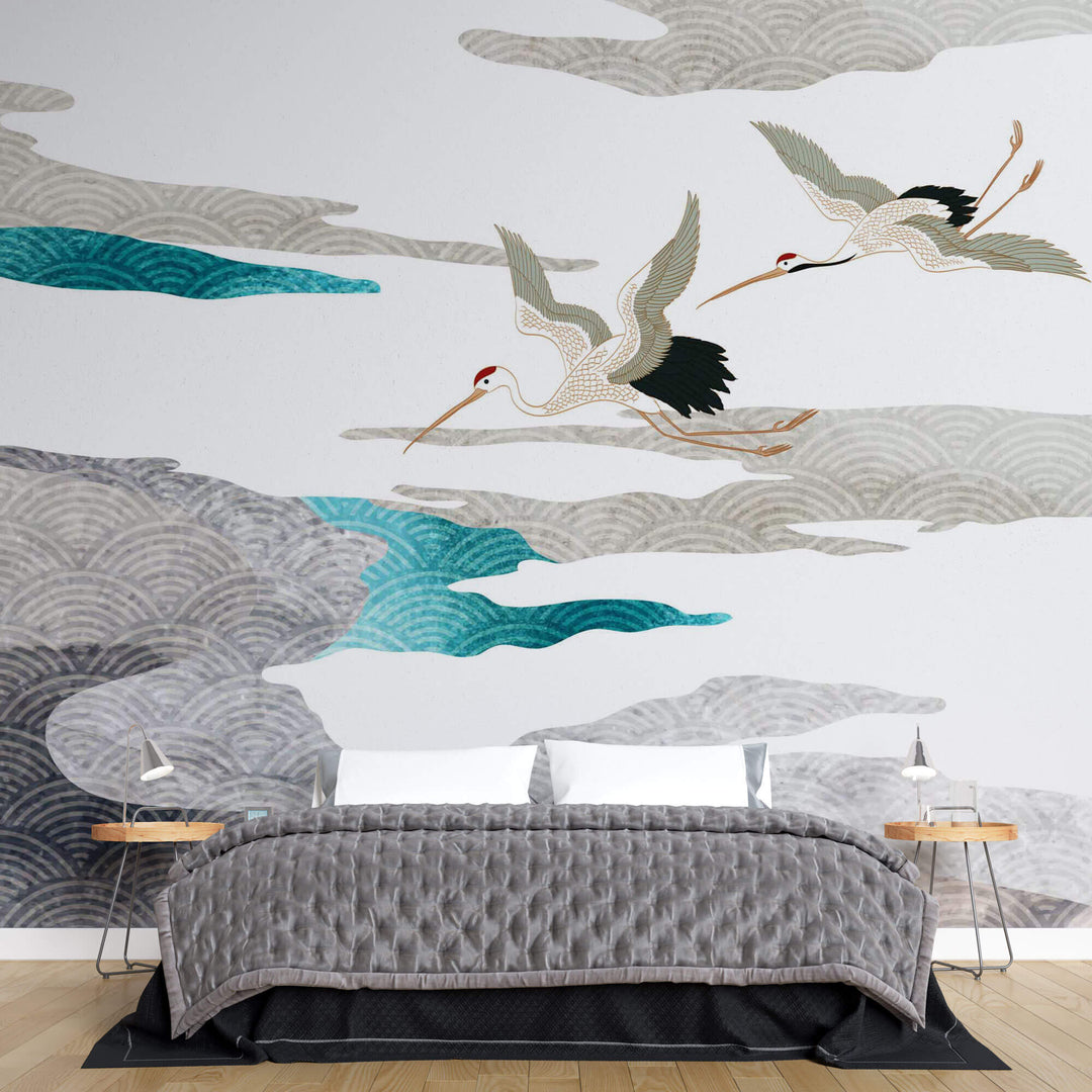 Tapet Japandi cu ceata si nori abstracti cu textura si motive japoneze seigaiha si egrete in zbor - SEIGAIHA UNKAI CRANES