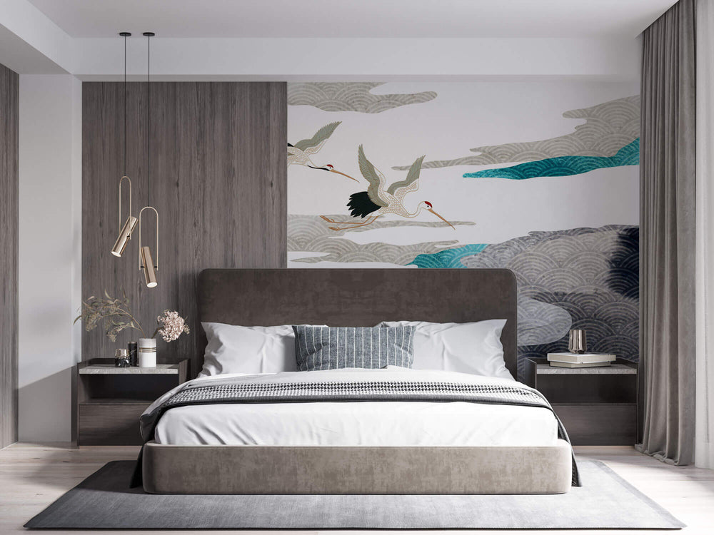 Tapet Japandi cu ceata si nori abstracti cu textura si motive japoneze seigaiha si egrete in zbor - SEIGAIHA UNKAI CRANES