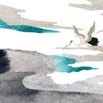 Tapet Japandi cu ceata si nori abstracti cu textura si motive japoneze seigaiha si egrete in zbor - SEIGAIHA UNKAI CRANES