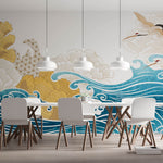 Tapet Japandi cu egrete alfate in zbor peste valurile marii si bujori infloriti - BLOSSOM JAPANESE WAVES