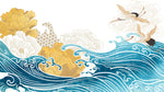 Tapet Japandi cu egrete alfate in zbor peste valurile marii si bujori infloriti - BLOSSOM JAPANESE WAVES