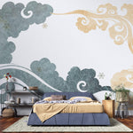 Tapet Japandi cu nori abstracti in nuante de gri si crem - SEIGAIHA WIND BLOW