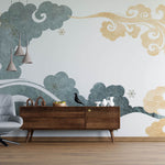 Tapet Japandi cu nori abstracti in nuante de gri si crem - SEIGAIHA WIND BLOW