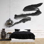 Tapet Japandi cu pictura japoneza sumi si motive seigaiha in nuante de negru si alb - SUMI WIND