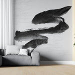 Tapet Japandi cu pictura japoneza sumi si motive seigaiha in nuante de negru si alb - SUMI WIND