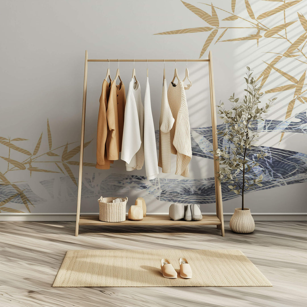 Tapet Japandi cu un rau abstract si frunze de bambus in motive japoneze seigaiha - BAMBOO RIVER