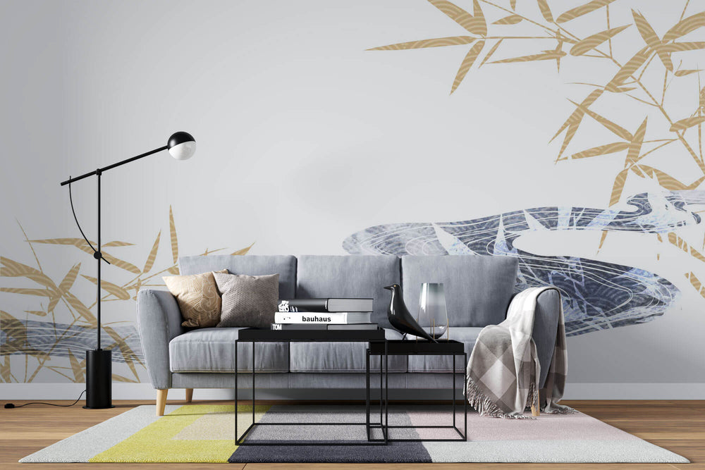 Tapet Japandi cu un rau abstract si frunze de bambus in motive japoneze seigaiha - BAMBOO RIVER