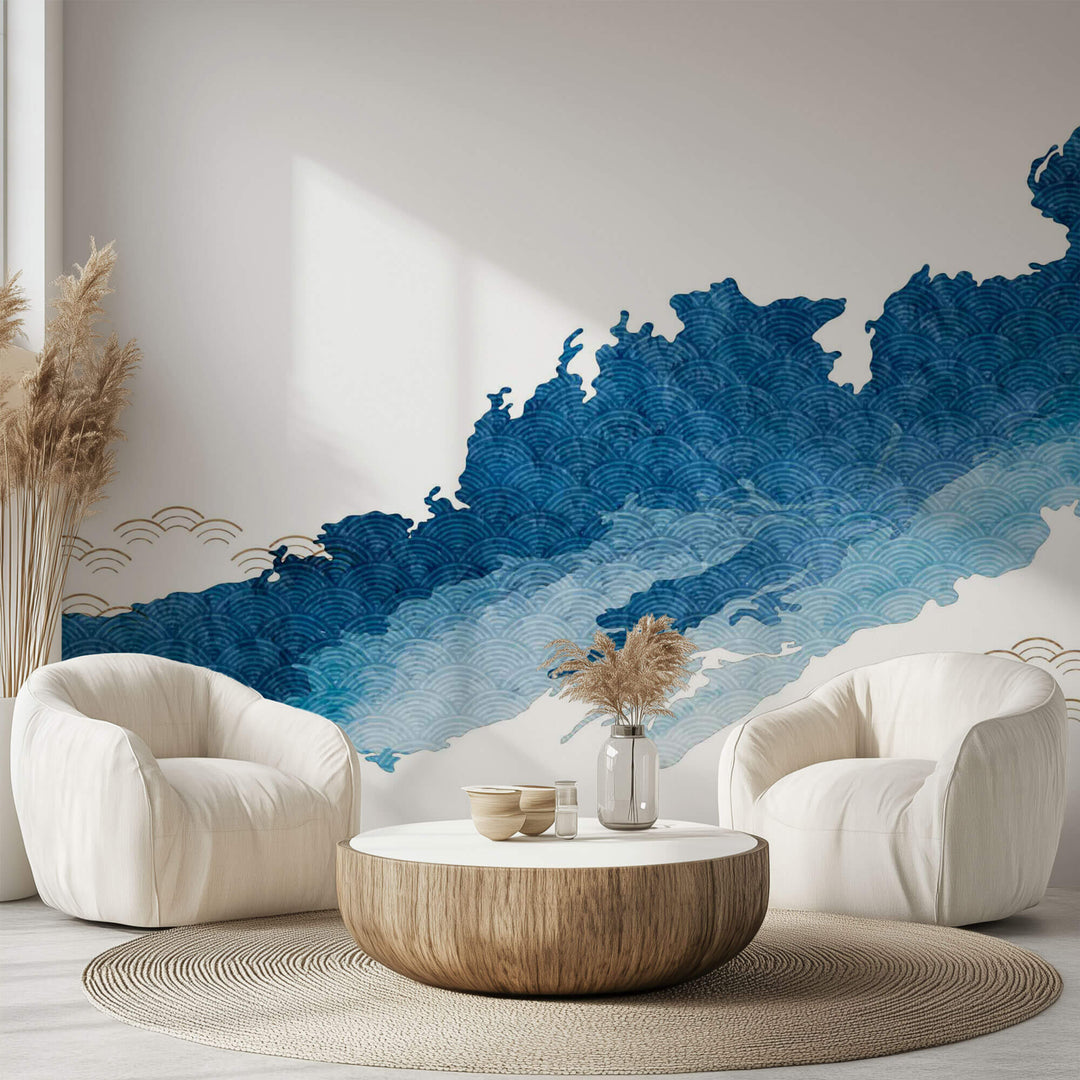 Tapet Japandi cu model abstract in nuante de albastru si motive texturate seigaiha - BLUE WATERCOLOR STROKE