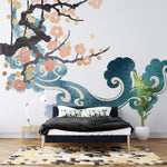 Tapet Japandi cu nori si ciresi japonezi infloriti si egrete aflate in zbor - PEACHY SAKURA WINDS