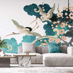 Tapet Japandi cu nori si ciresi japonezi infloriti si egrete aflate in zbor - PEACHY SAKURA WINDS