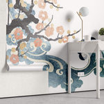 Tapet Japandi cu nori si ciresi japonezi infloriti si egrete aflate in zbor - PEACHY SAKURA WINDS