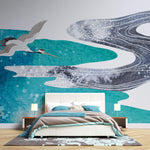 Tapet Japandi cu egrete aflate in zbor peste apa marii - OFFSHORE CRANES